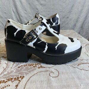 Koi Footwear Cow Print Platform Mary Jane T-Strap Block Heel Shoes Black White